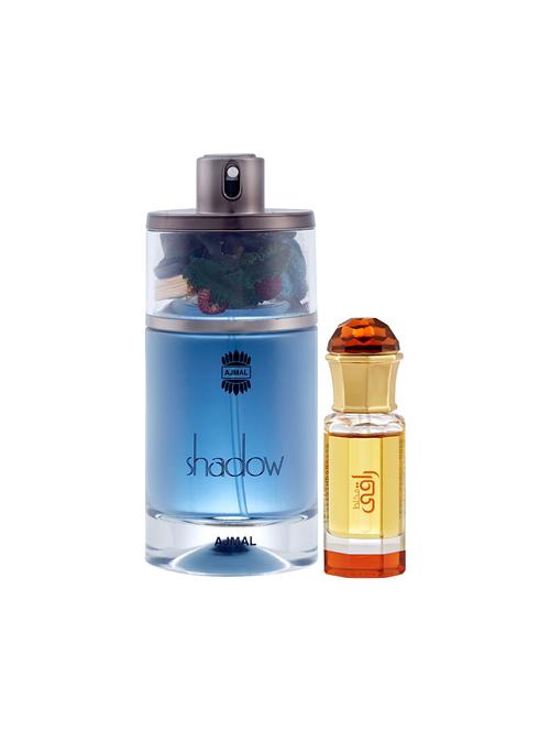 ajmal shadow him edp 75ml for men and mukhallat raaqi cp alcohol-free attar 10ml for unisex + 2 parfum testers free - 17150536 - Very Small Image - 1