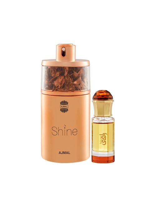 ajmal shine edp 75ml for women and mukhallat raaqi cp alcohol-free attar 10ml for unisex + 2 parfum testers free - 17150537 - Very Small Image - 1