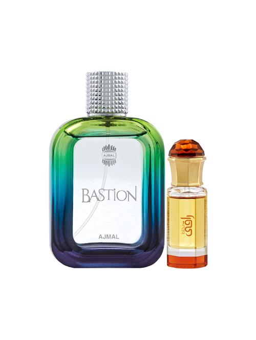 ajmal bastion edp 100ml for men and mukhallat raaqi cp alcohol-free attar 10ml for unisex + 2 parfum testers free - 17150538 - Very Small Image - 1