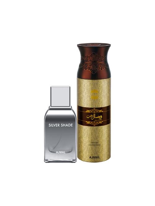 ajmal silver shade edp woody perfume 100ml for men and wisal dhahab deodorant 200ml for men+ 2 parfum testers free - 17150613 - Very Small Image - 1