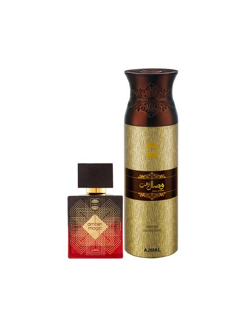 ajmal amber magic edp spicy aromatic perfume 100ml for men and wisal dhahab deodorant 200ml for men+ 2 parfum testers free - 17150618 - Very Small Image - 1