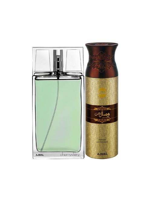 ajmal chemystery edp spicy woody perfume 90ml for men and wisal dhahab deodorant 200ml for men+ 2 parfum testers free - 17150620 - Very Small Image - 1