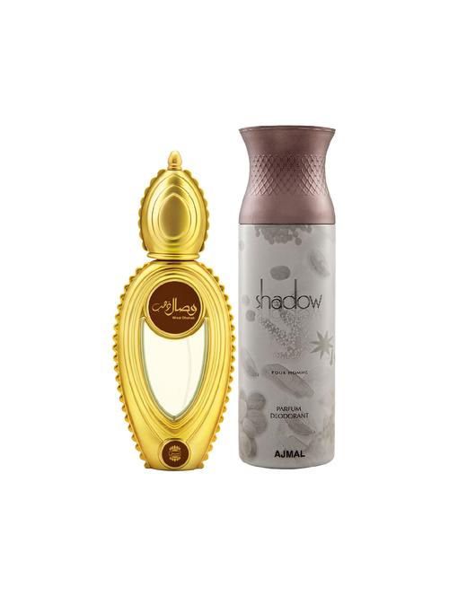 ajmal wisal dhahab edp perfume 50ml for men and shadow homme deodorant woody 200ml for men+ 2 parfum testers free - 17150631 - Very Small Image - 1