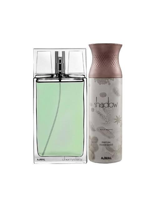 ajmal chemystery edp spicy woody perfume 90ml for men and shadow homme deodorant woody 200ml for men+ 2 parfum testers free - 17150635 - Very Small Image - 1