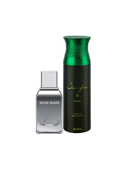 ajmal silver shade edp 100ml for men and sacrifice ii for him deodorant aromatic 200ml for men+ 2 parfum testers free - 17150662 - Very Small Image - 1