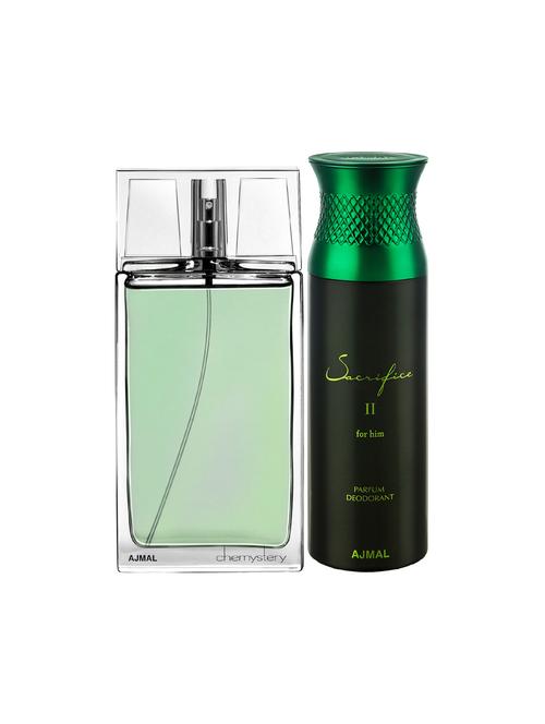 ajmal chemystery edp spicy 90ml for men and sacrifice ii for him deodorant aromatic 200ml for men+ 2 parfum testers free - 17150669 - Very Small Image - 1