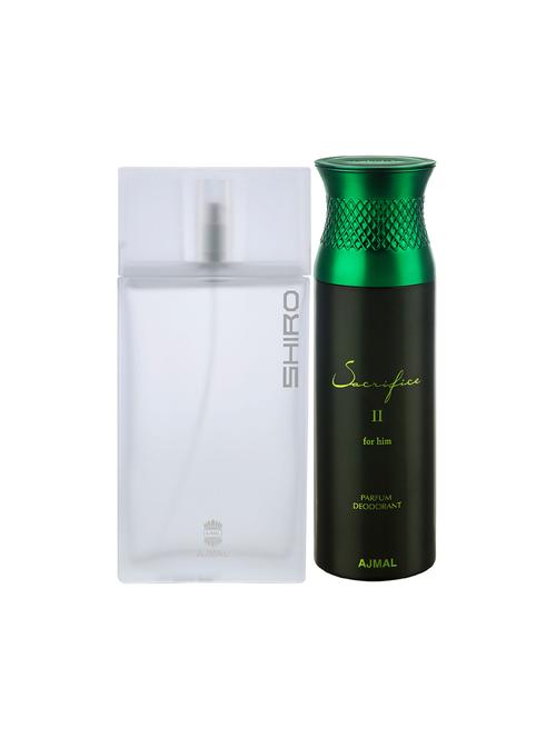 ajmal shiro edp spicy perfume 90ml for men and sacrifice ii for him deodorant aromatic 200ml for men+ 2 parfum testers free - 17150674 - Very Small Image - 1