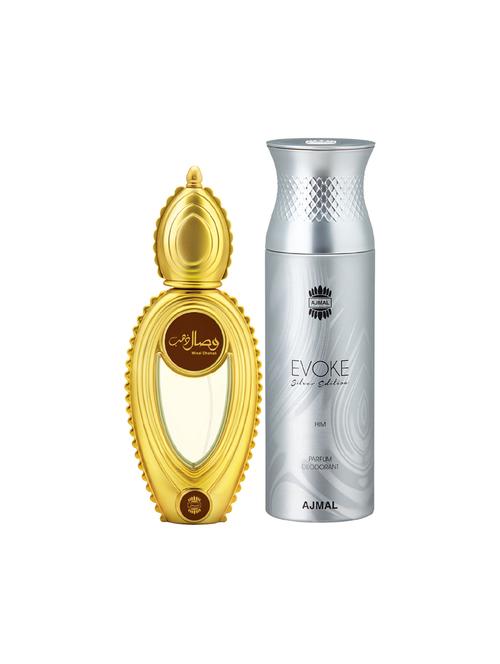 ajmal wisal dhahab edp perfume 50ml for men and evoke silver edition him deodorant spicy 200ml for men+ 2 parfum testers free - 17150678 - Very Small Image - 1