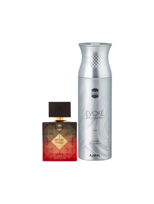ajmal amber magic edp 100ml for men and evoke silver edition him deodorant 200ml for men+ 2 parfum testers free - 17150681 - Very Small Image - 1