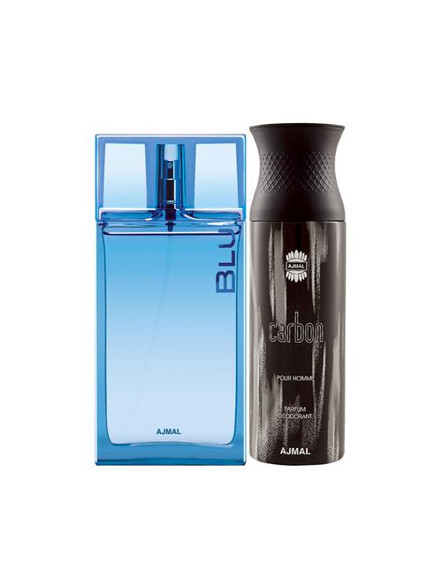 ajmal blu edp aquatic woody perfume 90ml for men and carbon homme deodorant spicy 200ml for men+ 2 parfum testers free - 17150711 - Very Small Image - 1