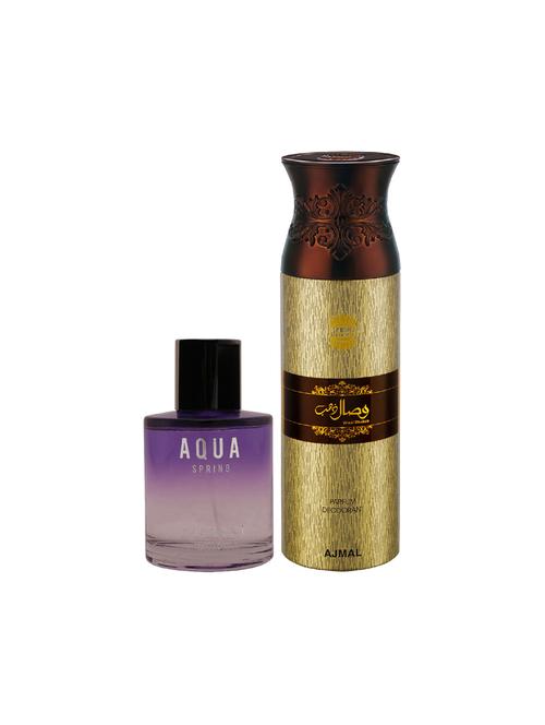 maryaj aqua spring edp perfume 100ml for women and ajmal wisal dhahab deodorant 200ml for men + 2 parfum testers free - 17150773 - Very Small Image - 1