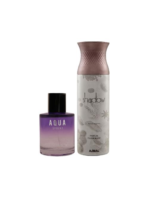 maryaj aqua spring edp perfume 100ml for women and ajmal shadow homme deodorant woody 200ml for men + 2 parfum testers free - 17150774 - Very Small Image - 1