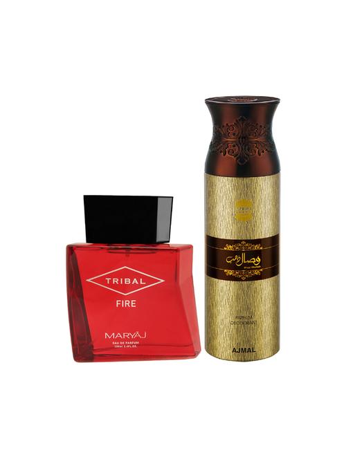 maryaj tribal fire edp ambery 100ml for unisex and ajmal wisal dhahab deodorant 200ml for men + 2 parfum testers free - 17150797 - Very Small Image - 1