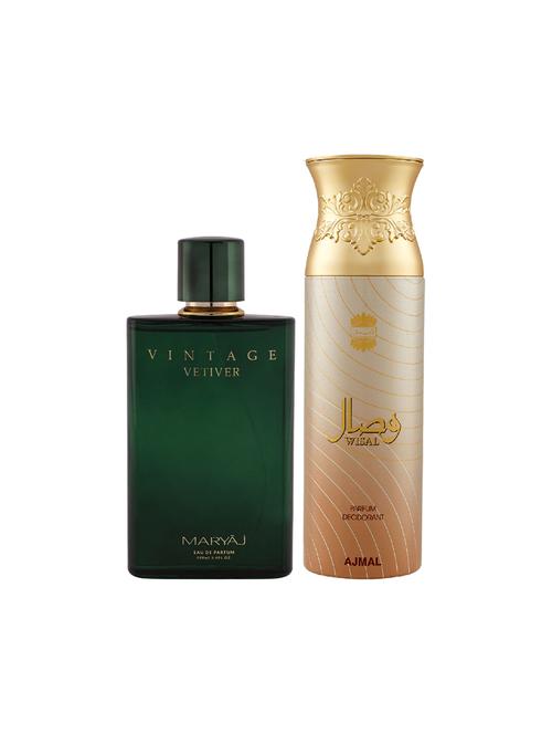 maryaj vintage vetiver edp aromatic 100ml for unisex and ajmal wisal deodorant musky 200ml for women + 2 parfum testers free - 17150812 - Very Small Image - 1