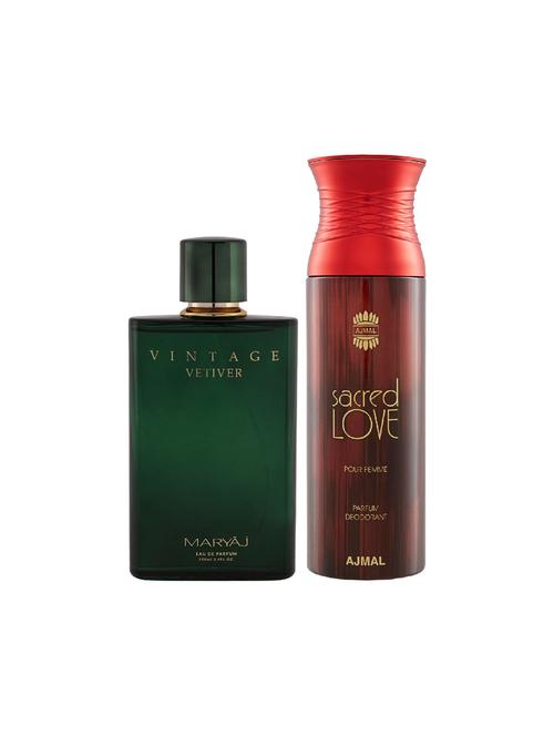 maryaj vintage vetiver edp 100ml for unisex and ajmal sacred love deodorant musky 200ml for women + 2 parfum testers free - 17150816 - Very Small Image - 1