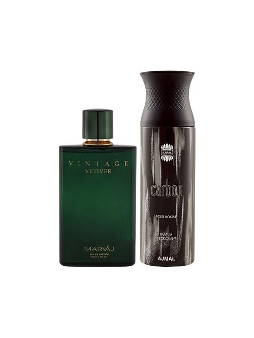 maryaj vintage vetiver edp 100ml for unisex and ajmal carbon homme deodorant 200ml for men + 2 parfum testers free - 17150820 - Very Small Image - 1