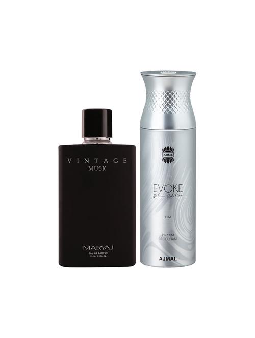 maryaj vintage edp musky 100ml for unisex and ajmal evoke silver edision him deodorant 200ml for men + 2 parfum testers free - 17150829 - Very Small Image - 1