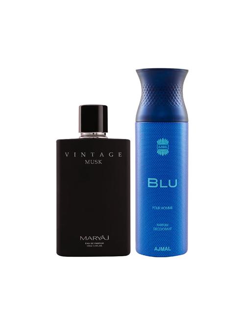maryaj vintage musk edp musky 100ml for unisex and ajmal blu homme deodorant 200ml for men + 2 parfum testers free - 17150831 - Very Small Image - 1