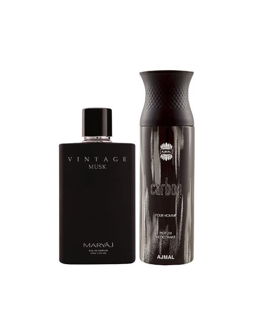 maryaj vintage musk edp musky 100ml for unisex and ajmal carbon homme deodorant spicy 200ml for men + 2 parfum testers free - 17150832 - Very Small Image - 1
