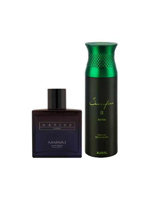 maryaj native clouds edp 100ml for unisex and ajmal sacrifice ii for him deodorant 200ml for men + 2 parfum testers free - 17150851 - Very Small Image - 1