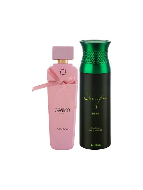 maryaj cosmo girl edp powdery 100ml for women and ajmal sacrifice ii for him deodorant 200ml for men + 2 parfum testers free - 17151062 - Very Small Image - 1