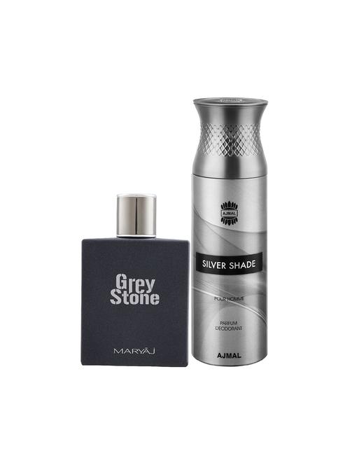 maryaj grey stone edp aromatic 100ml for me and ajmal silver shade homme deodorant 200ml for men + 2 parfum testers free - 17151094 - Very Small Image - 1