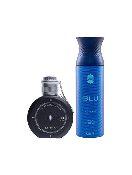 maryaj direction east edp spicy 100ml for men and ajmal blu homme deodorant 200ml for men + 2 parfum testers free - 17151114 - Very Small Image - 1