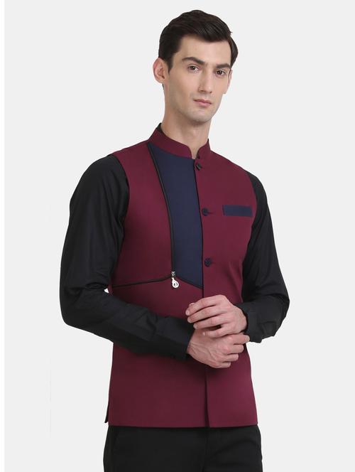 maroon solid nehru jacket - 17154558 - Very Small Image - 1