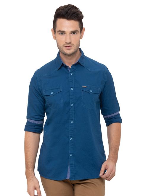 teal blue solid casual shirt - 17154760 - Very Small Image - 1