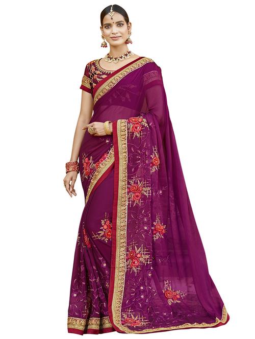 embroidered bordered saree with blouse - 17157709 - Very Small Image - 1