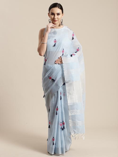 sky blue linen embroidered saree with blouse - 17157935 - Very Small Image - 1