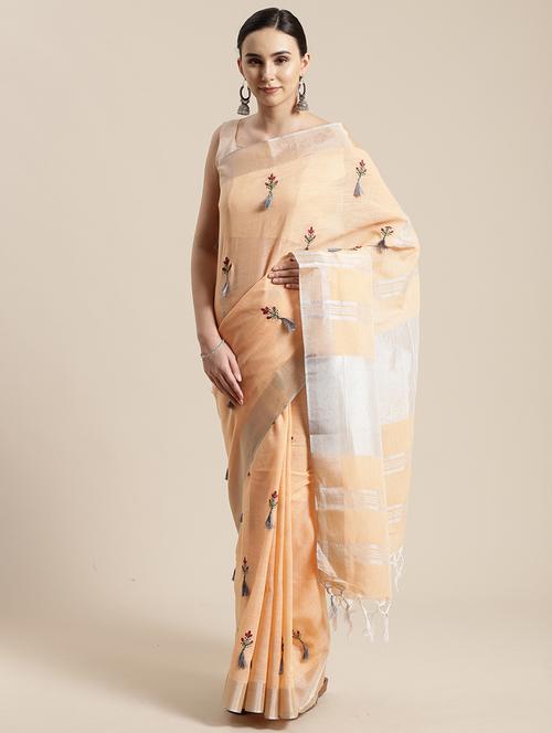 orange linen embroidered saree with blouse - 17157936 - Very Small Image - 1