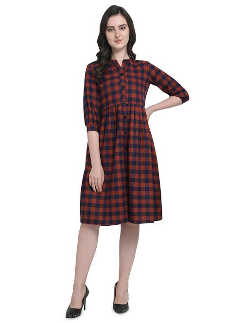 mandarin neck checkered a-line dress - 17160096 - Very Small Image - 1