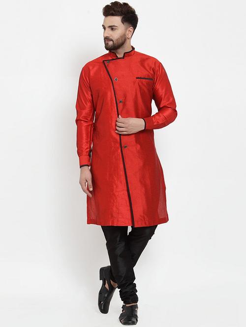 red jacquard silk blend sherwani set - 17160894 - Very Small Image - 1
