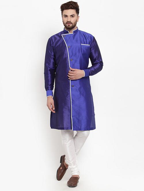 royal blue jacquard silk blend sherwani set - 17160896 - Very Small Image - 1