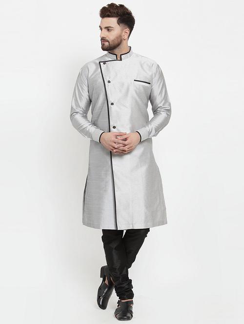 silver jacquard silk blend sherwani set - 17160897 - Very Small Image - 1