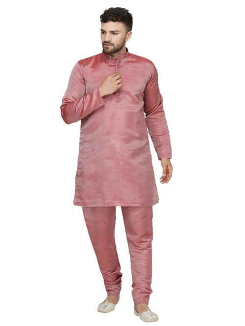 pink solid silk blend kurta pyjama set with embroidered neckline - 17160930 - Very Small Image - 1