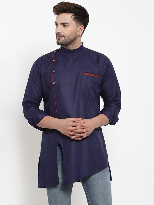 navy blue solid asymmetric short kurta - 17160939 - Very Small Image - 1