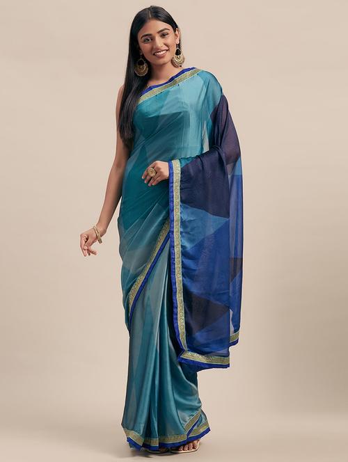 women's color block turquoise colored saree - 17165871 - Very Small Image - 1