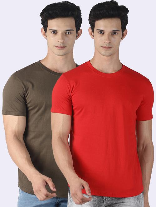 olive and red solid t-shirts combo - 17166930 - Very Small Image - 1