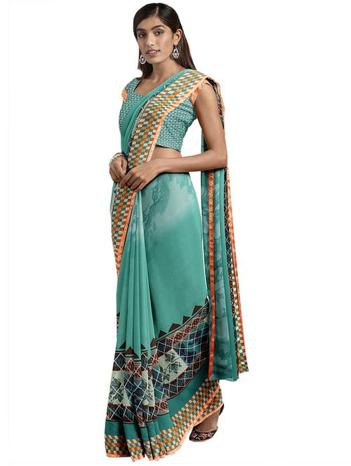 turquoise georgette printed saree with blouse - 17167291 - Very Small Image - 1