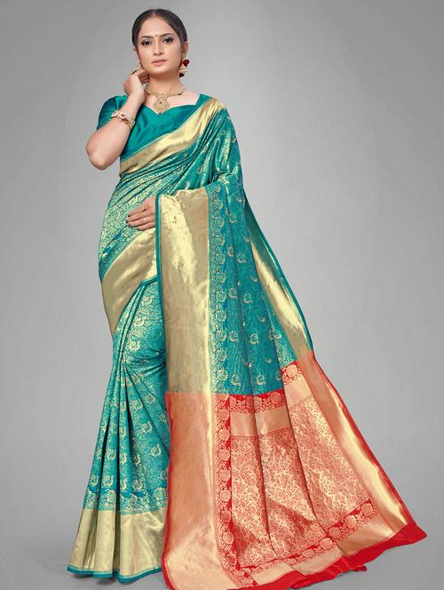self design banarasi saree with blouse - 17167388 - Very Small Image - 1
