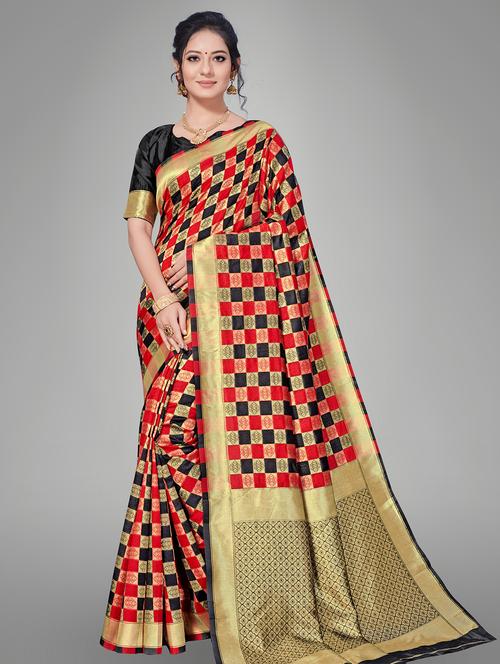 checkered banarasi saree with blouse - 17167451 - Very Small Image - 1
