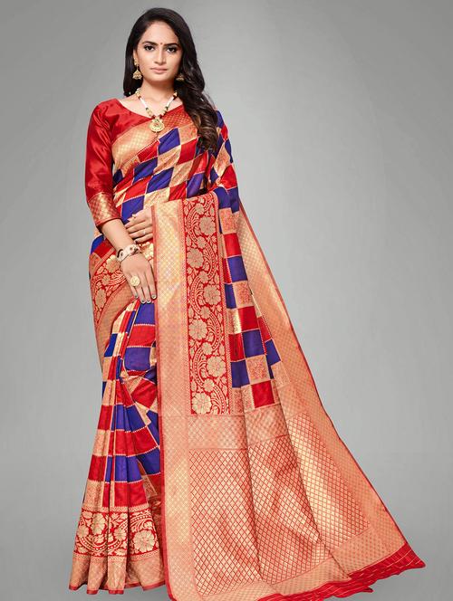 checkered banarasi saree with blouse - 17167456 - Very Small Image - 1