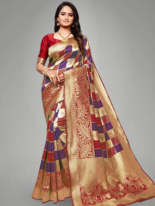 checkered banarasi saree with blouse - 17167457 - Very Small Image - 1