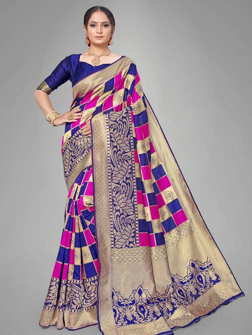 checkered banarasi saree with blouse - 17167460 - Very Small Image - 1