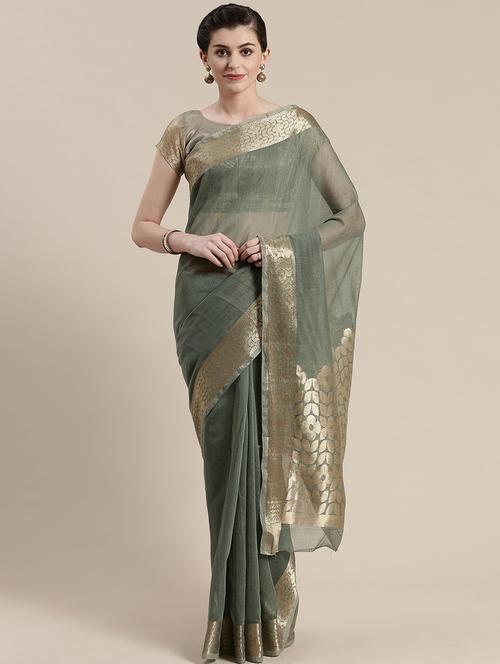 olive. linen saree with blouse - 17167472 - Very Small Image - 1