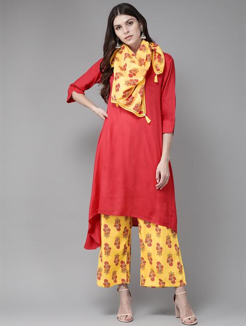 solid a-line kurta with printed scarf - 17169017 - Very Small Image - 1