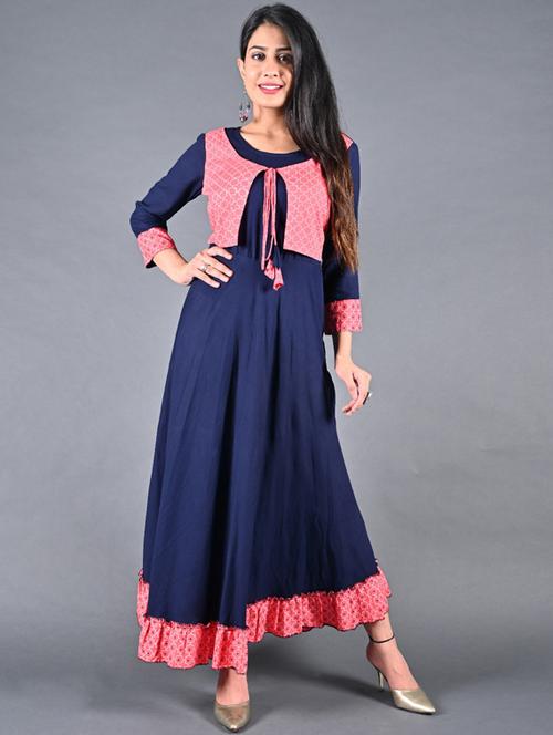 solid flared kurta with printed jacket - 17170161 - Very Small Image - 1