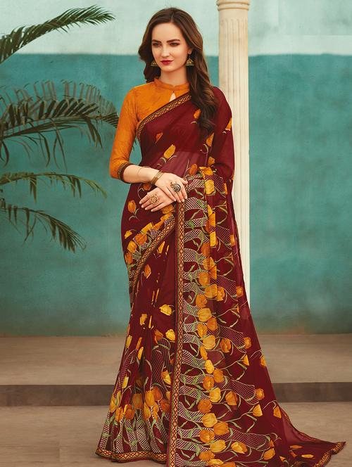 floral printed saree with blouse - 17176708 - Very Small Image - 1